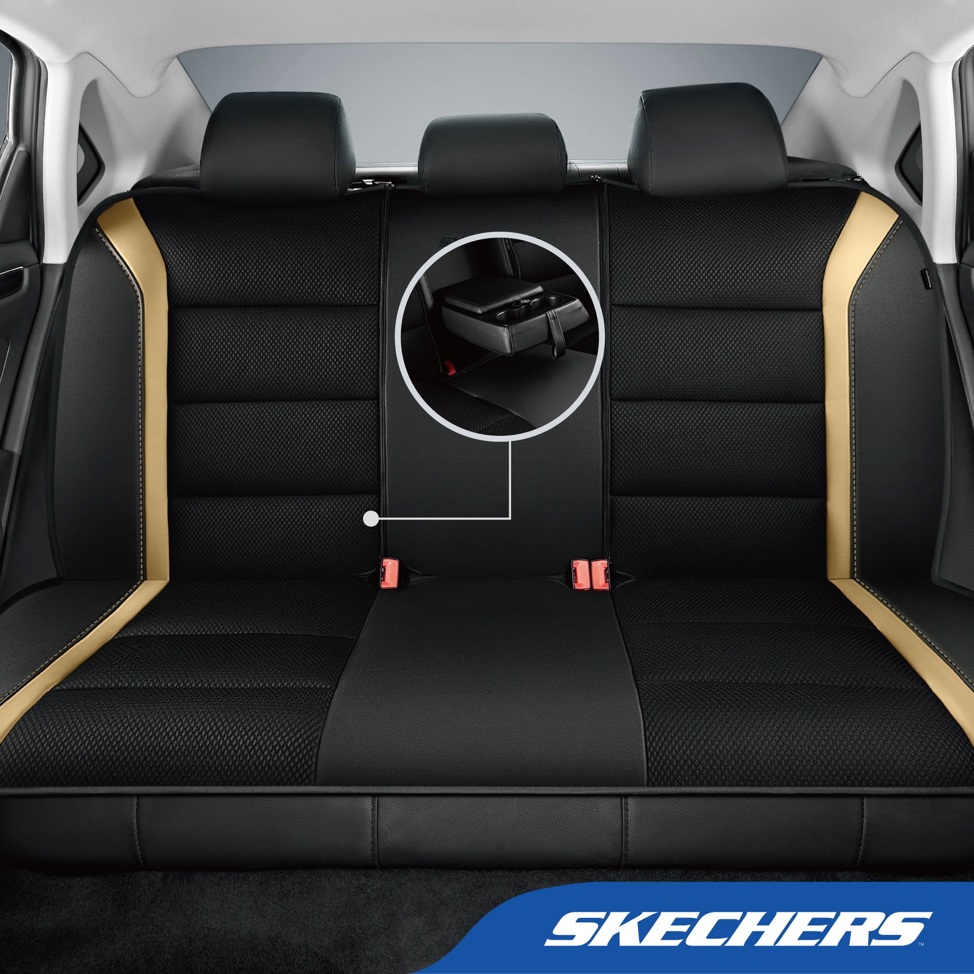 Skechers Leather Mesh Full Set Car Seat Cover – Premium Comfort with Breathable Mesh Panels, Durable Leather Construction, Universal Fit for Cars, Trucks, and SUVs - Beige
