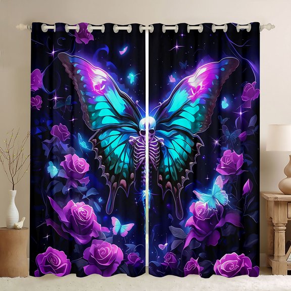 Feelyou Gothic Skeleton Skull Curtains Pack of 2 (42x84 Each), Hippie Blue Butterfly Curtains Blackout, Romantic Rose Flower Bedroom Curtains, Blackout Curtains Room Decor