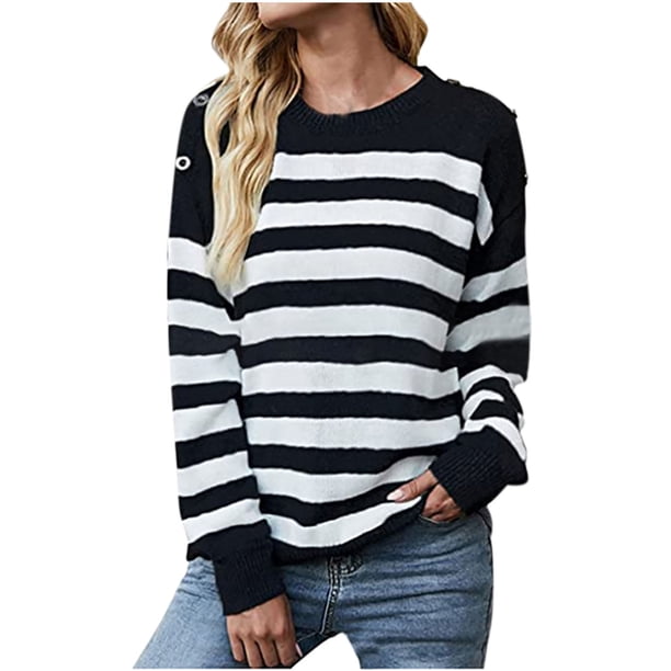 Suéter de manga larga informal de moda con cuello redondo y rayas en contraste para mujer Fridja hjk902