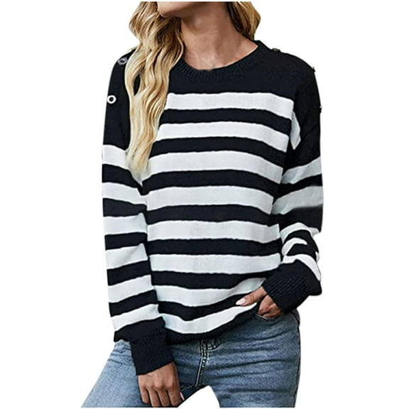 Sweater Clearance Women's O-Neck Knitted Contrast Striped Pullover Fashion Casual Long Sleeve Sweater Top
