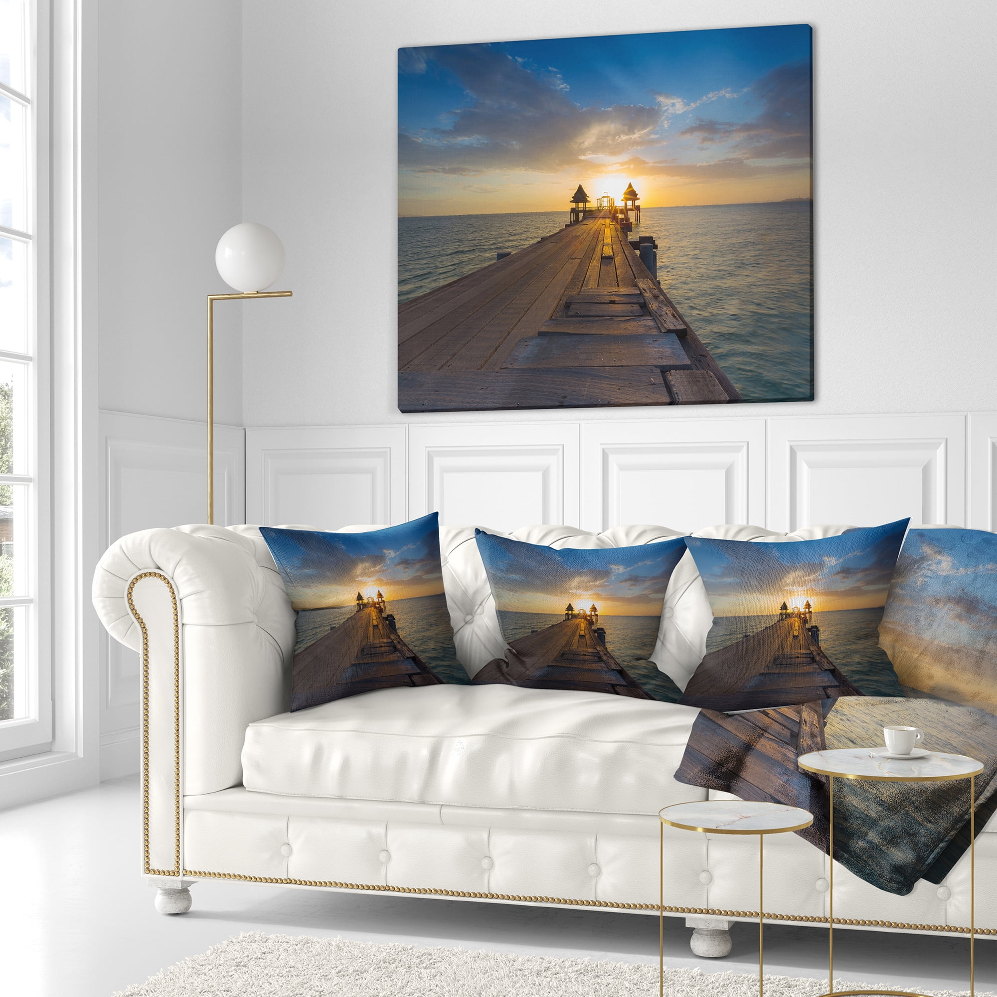 Designart Huge Wooden Pier into Setting Sun - Pier Seascape Throw Pillow - 16x16