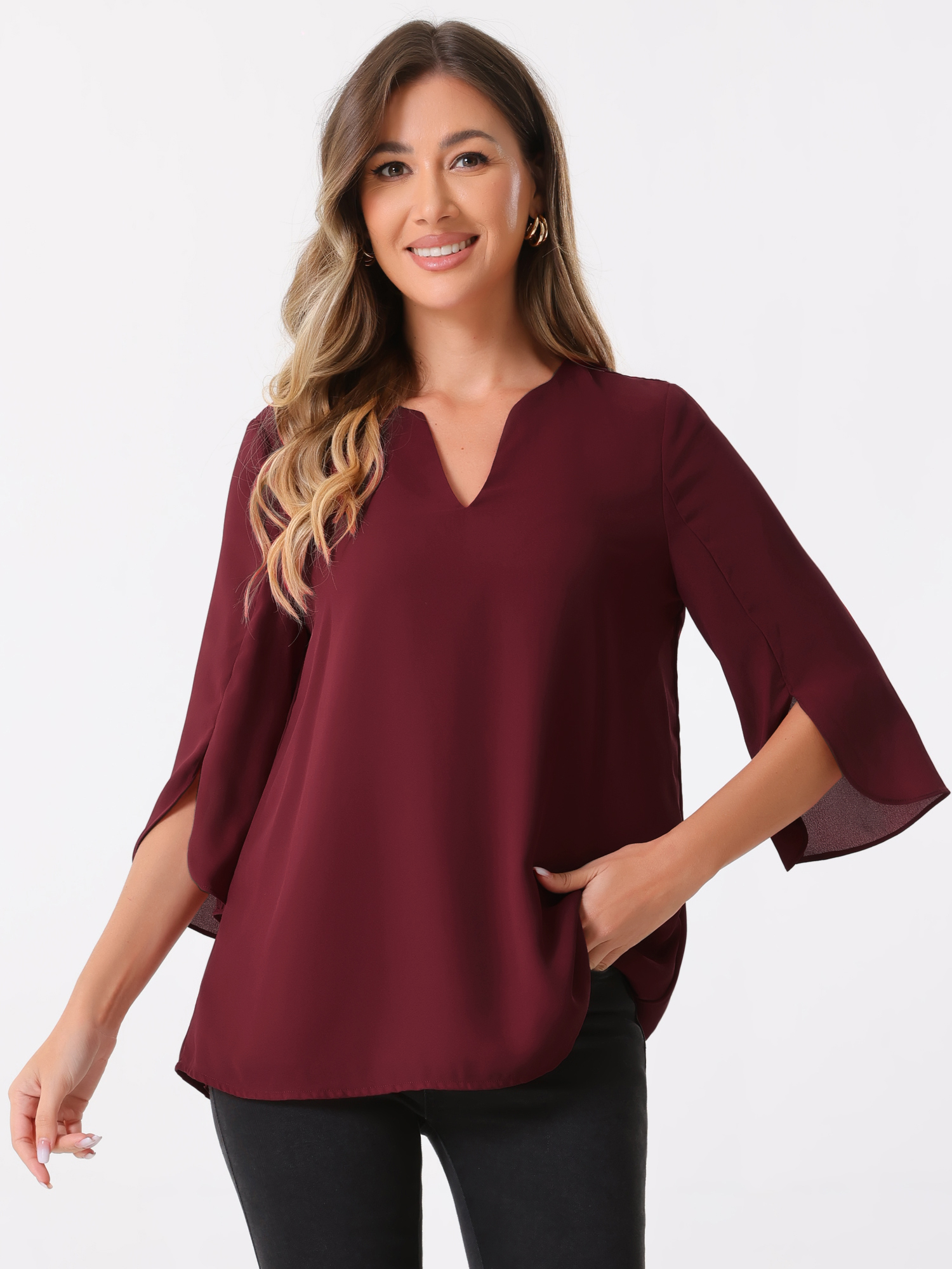DARING DIVA Women's Chiffon Flowy Mesh Shirt Loose Work Tunic Blouse Top Burgundy M