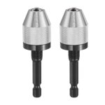 2pcs Adaptateur de conversion de mandrin sans clé 1/4" Hex Shank Chuck 0,012"-0,26" Changement rapide pour tournevis sans fil à forme ronde Forces Puissance DIY Outils, Argent