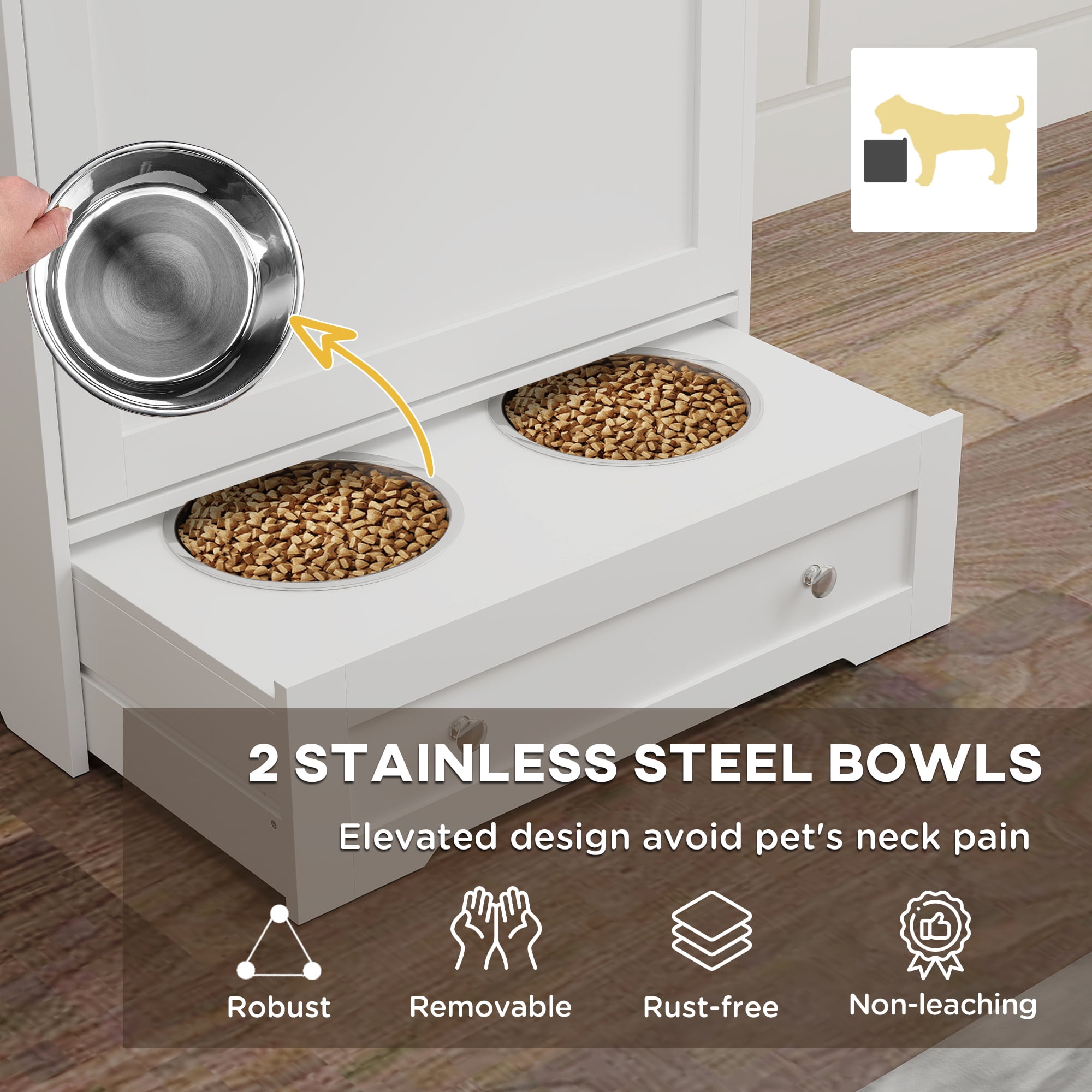 Pet Feeder Station Storage Cabinet with Dog Raised Bowls, White