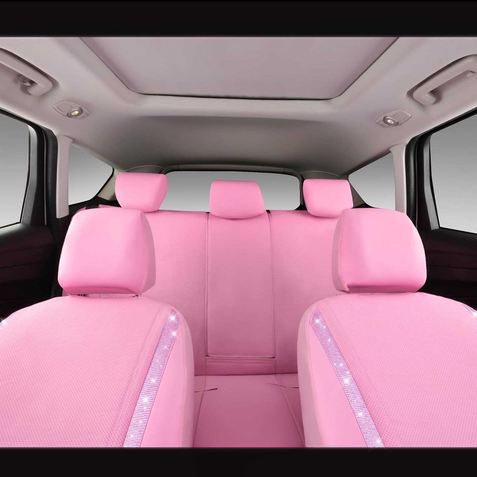 Car-Grand Bling Diamond Rhinestone Leather car seat covers full set waterproof universal shinning glitter crytal sparkle fit automotivve truck SUV Cute girl femal All Pink