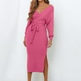thumbnail image 3 of Arnsht Women's V Neck Long Batwing Sleeve Wrap Midi Knit Sweater Dress Elegant Backless with Belt Slit Pink L, 3 of 8
