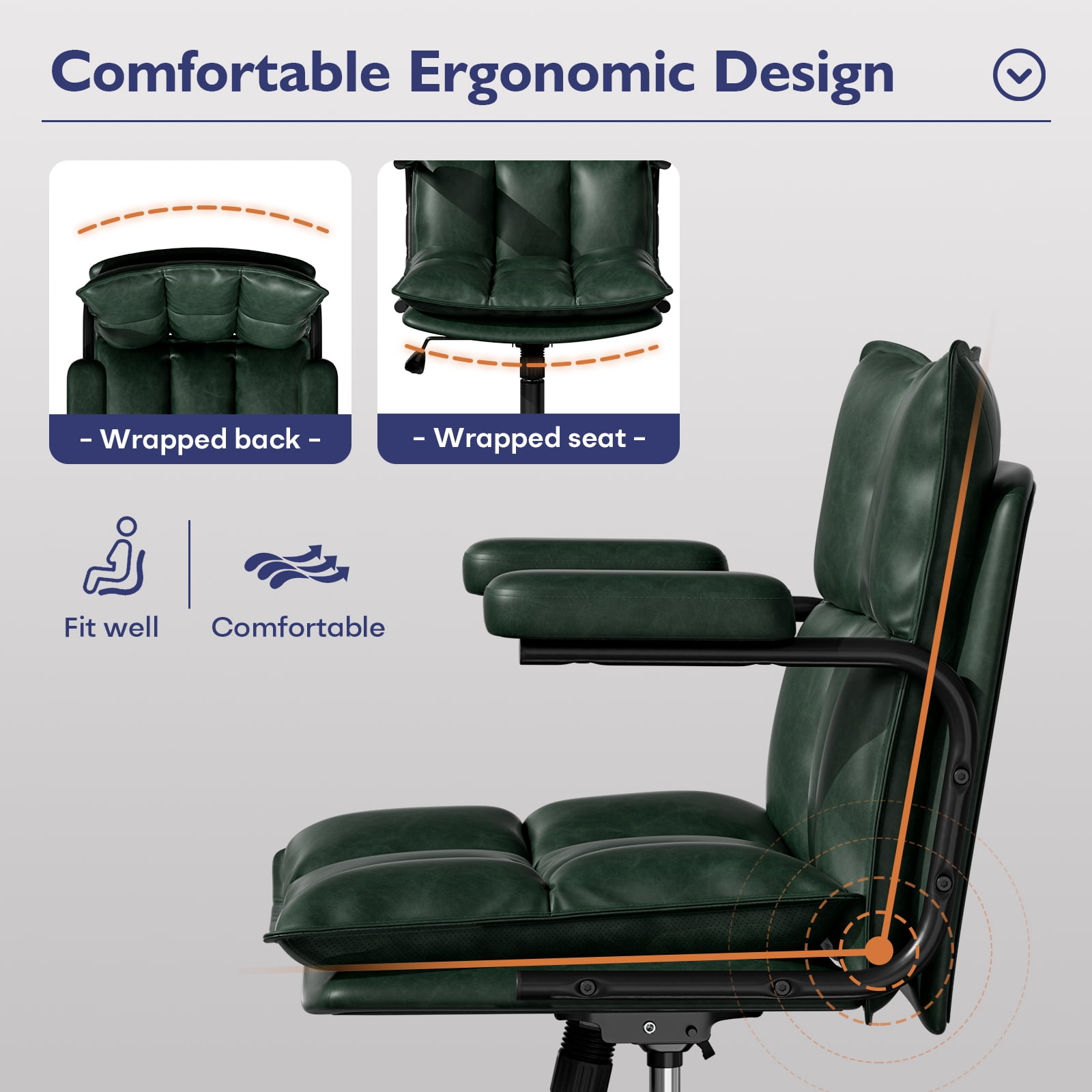 Genpo Green Office Chair, Mid Century Modern Desk Chairs with Arms, Thickend Back and Seat, Adjustable Height, Wheels, Vintage Leather Computer Chair for Home, Office