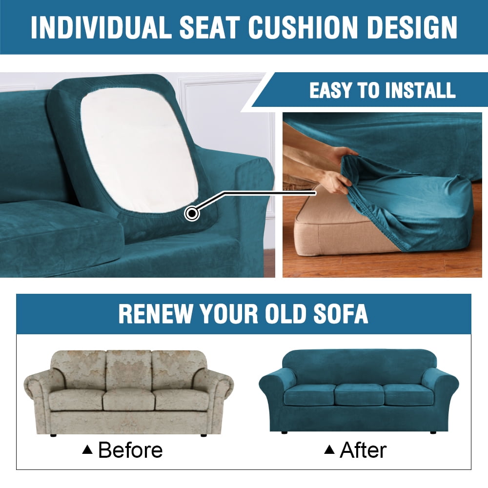 CJC 4-Piece Sofa Couch Covers, Velvet 3 Seater Slipcover for Separate Cushion Couch, Stretch Furniture Protector for Pets Kids, 9 Colors