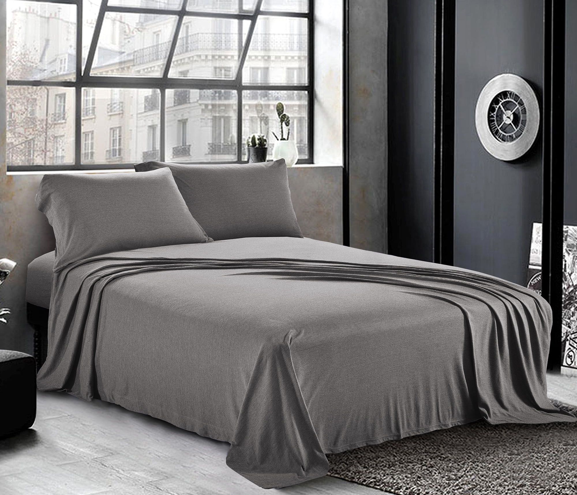 Jersey Sheets Full [4Piece, Dark Gray] Cotton Bed Sheets Extra Soft