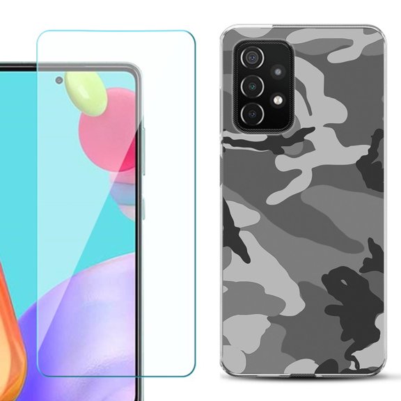 Slim-Fit Flexible Gel TPU Phone Case compatible with Samsung Galaxy A52 5G, with Tempered Glass Screen Protector, by OneToughShield ® - Camo B/W