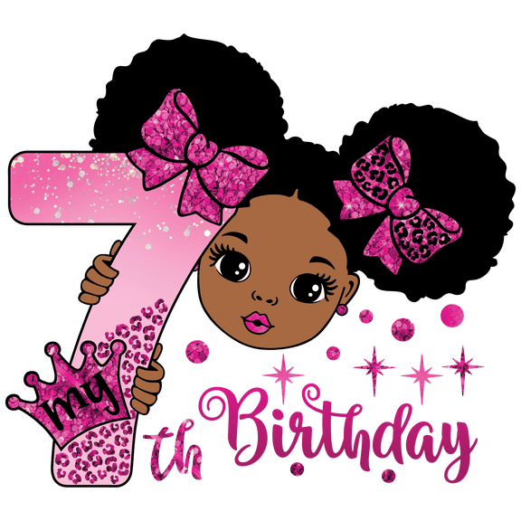 My 7th Birthday African American Cartoon Girl Peeking around Pink #7 with Crown & Bows Edible Icing Image Cake Topper, by TNCT.