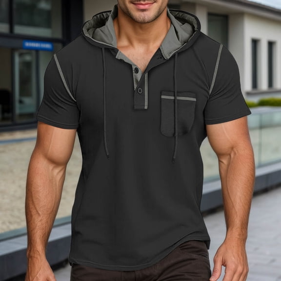 Short Sleeve Hooded T Shirt Casual Pullover Top With Front Pocket Comfortable Athletic Streetwear