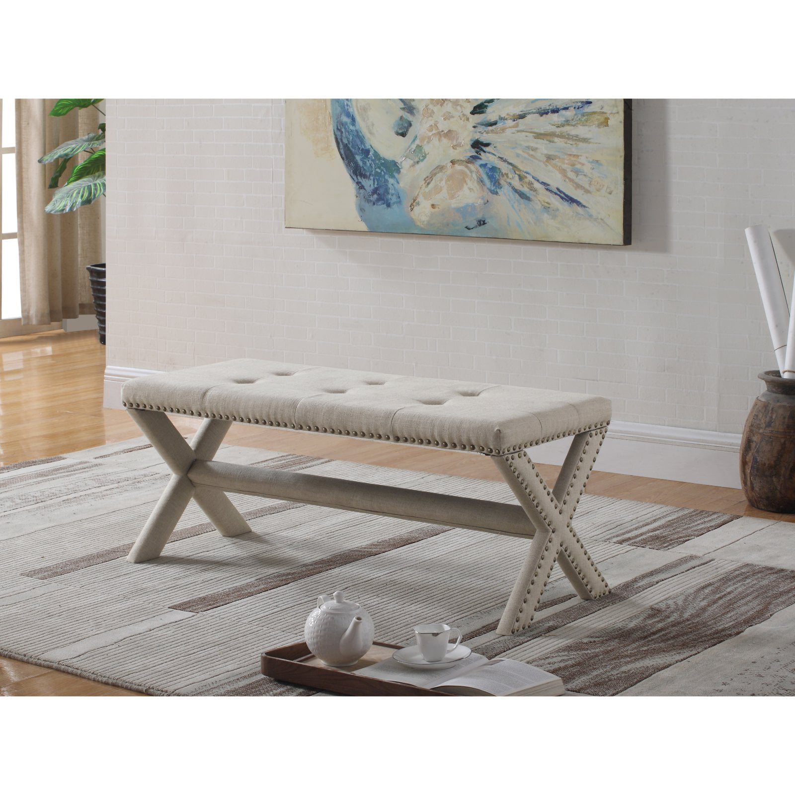 Best Master Furniture Linen Blend Accent Bench With Nailhead Trim