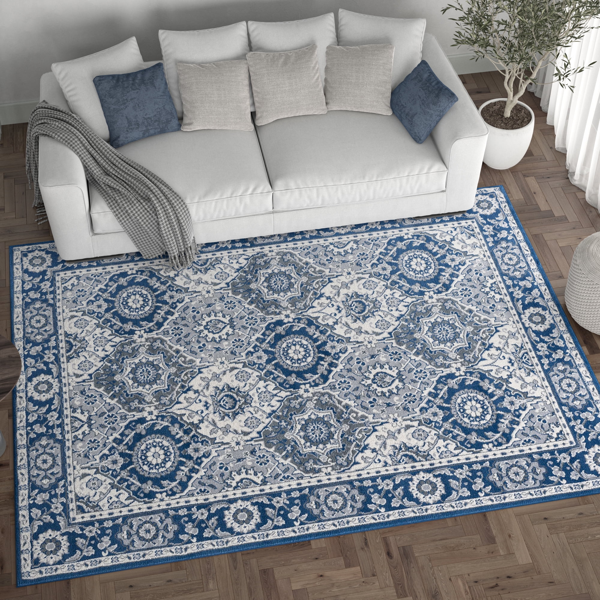 Traditional 2x8 Area Rug (2'3'' x 7'3'') Oriental Navy, Cream Indoor Runner Easy to Clean