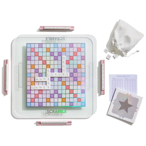 WS Game Company Scrabble Aura Edition – Iridescent Rotating Tempered Glass Game Board, Metallic-Printed Letter Tiles, Luxe Tile Racks & Organizer Tray – Family Word Game for Ages 8 , 2–4 Players