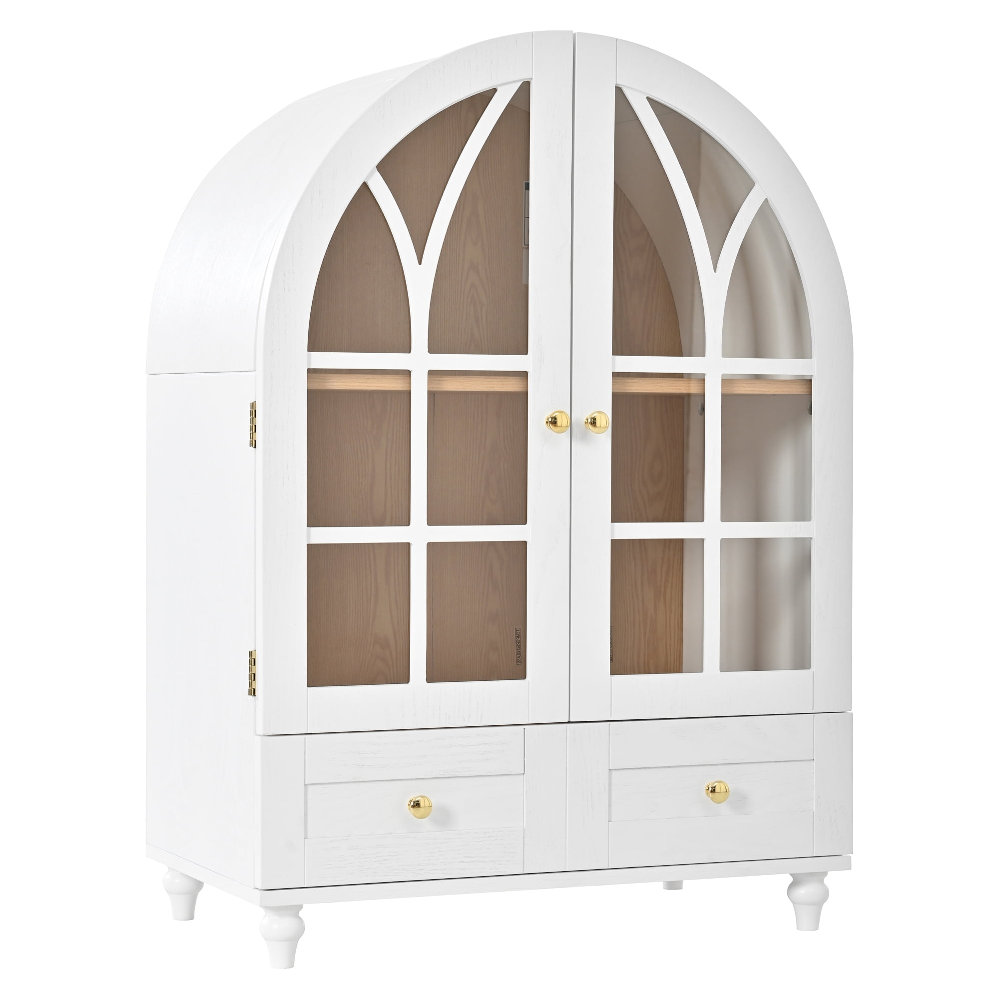 Leumius Arched Display Cabinet with Tempered Glass Doors,Wood Storage Cabinet with Natural Wood Grain Finish, Solid Wood Legs Accent Cabinet with Drawers for Living Room Dining Room Office White