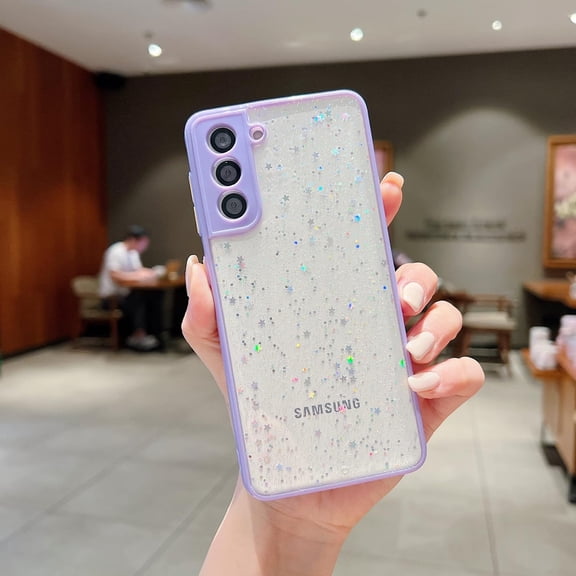 Compatible with Samsung Galaxy S21 Case for Women Girls,Soft Slim Fit Full-Around Protective Cute Clear Sparkly Bling Star Phone Case Glitter Cover for Samsung Galaxy S21 6.2 ''-Purple