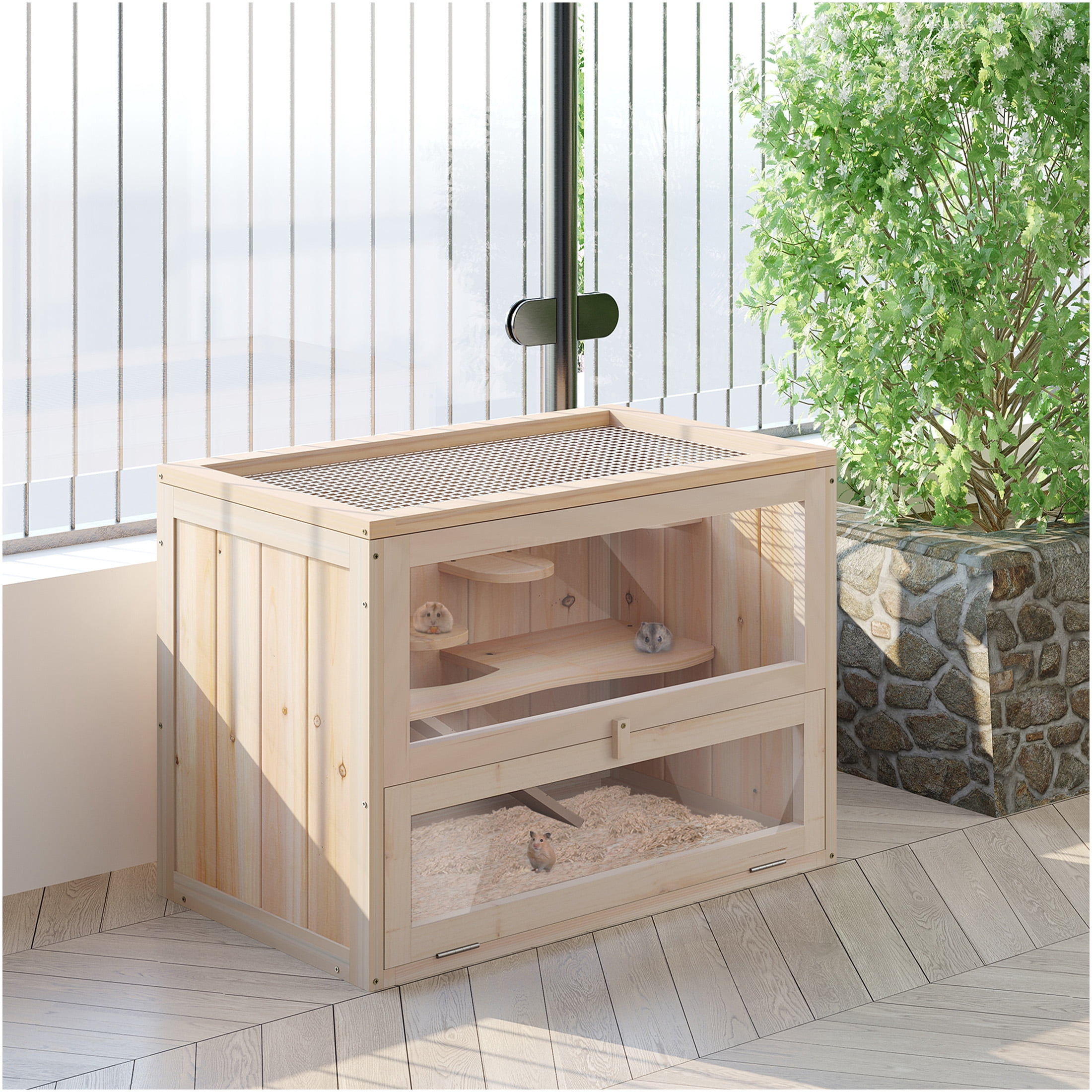 JERFIT 2-Tier Wooden Hamster Cage with Ramp, Openable Mesh Top & Front Door, Small Animal Habitat for Mice, Rats, Gerbils, Chinchillas, Guinea Pigs