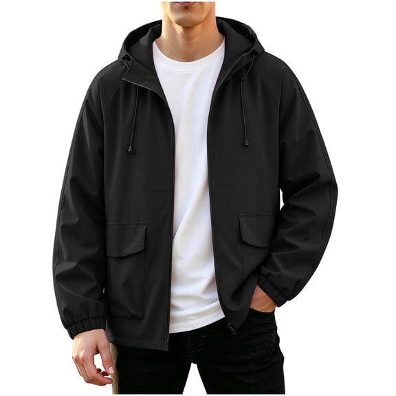 Lmueinov Rain Jacket for Men Waterproof Windbreaker Hooded Jacket Coat with Pockets Elastic Cuff Full Zip Long Sleeve Raincoat for Office Hiking 4XL