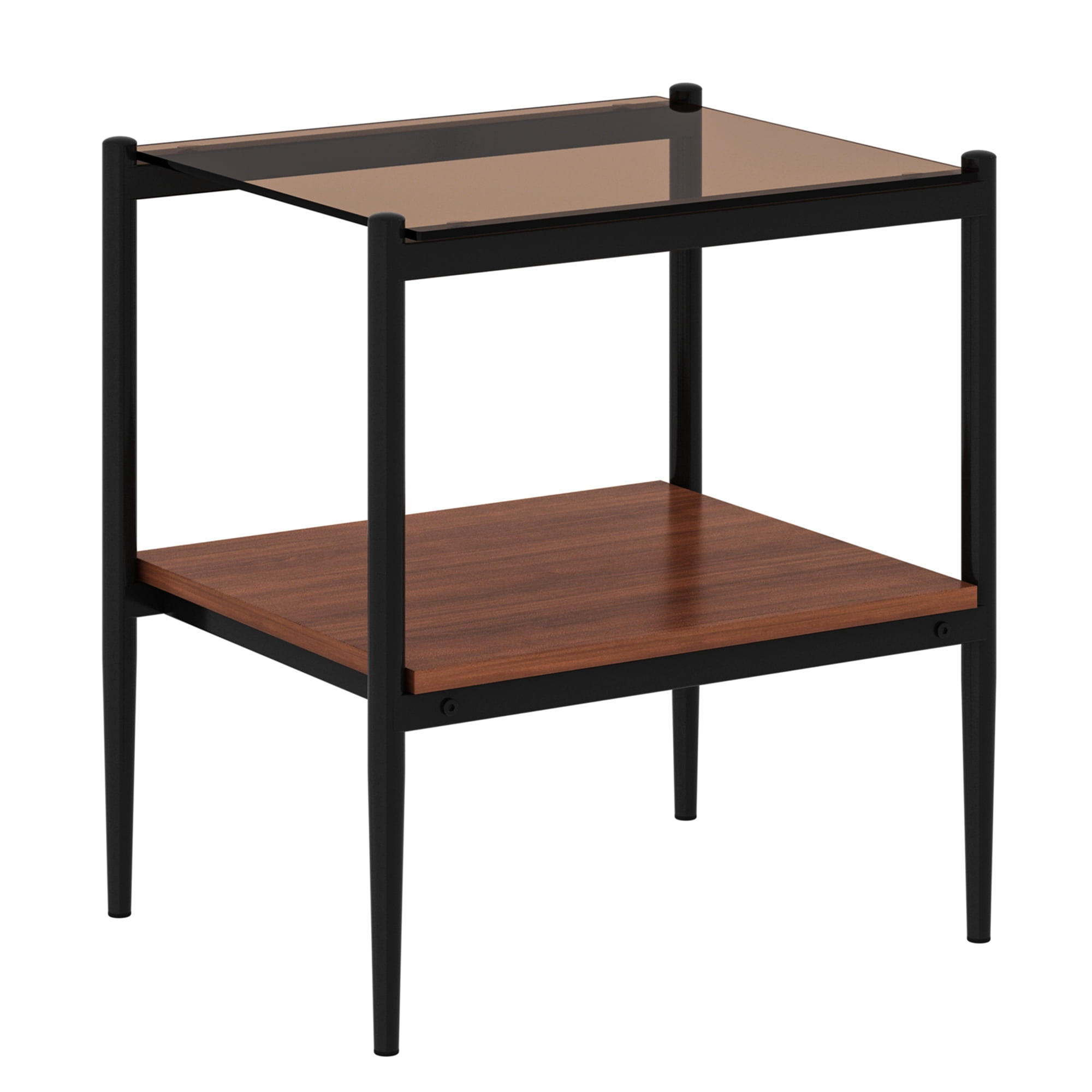 Set of 2 Modern Brown Glass Rectangle End Tables, Tempered Glass Top with MDF Storage Shelf & Iron Legs for Living Room Bedroom