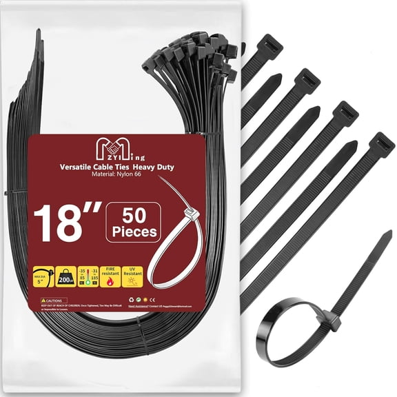 BDKWID-Zip Ties Heavy Duty 200 lb 18 Inch, Extra Long Cable Ties Black Zip Tie Wide Plastic Ties Large Industrial Cable Wire Tie Wraps 50 Pieces