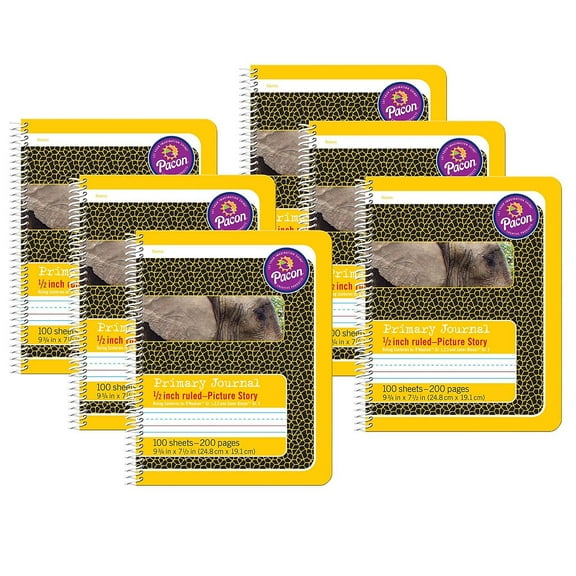 Pacon Primary Composition Book, Spiral Bound, D'Nealian/Zaner-Bloser, 1/2" x 1/4" x 1/4" Picture Story Ruled, 9-3/4" x 7-1/2", 100 Sheets, Pack of 6