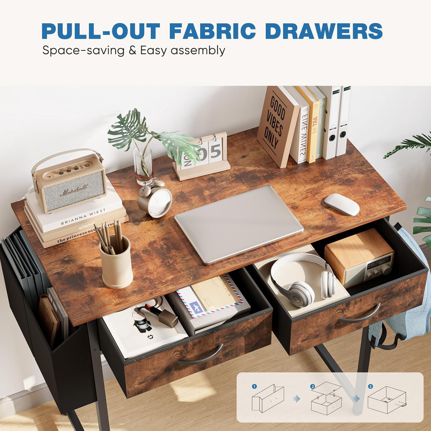 32 inch Small Desk with Drawers, Modern Study Writing Table Computer Desks with Storage Bag & Hook for Bedroom Home Office, Rustic Brown