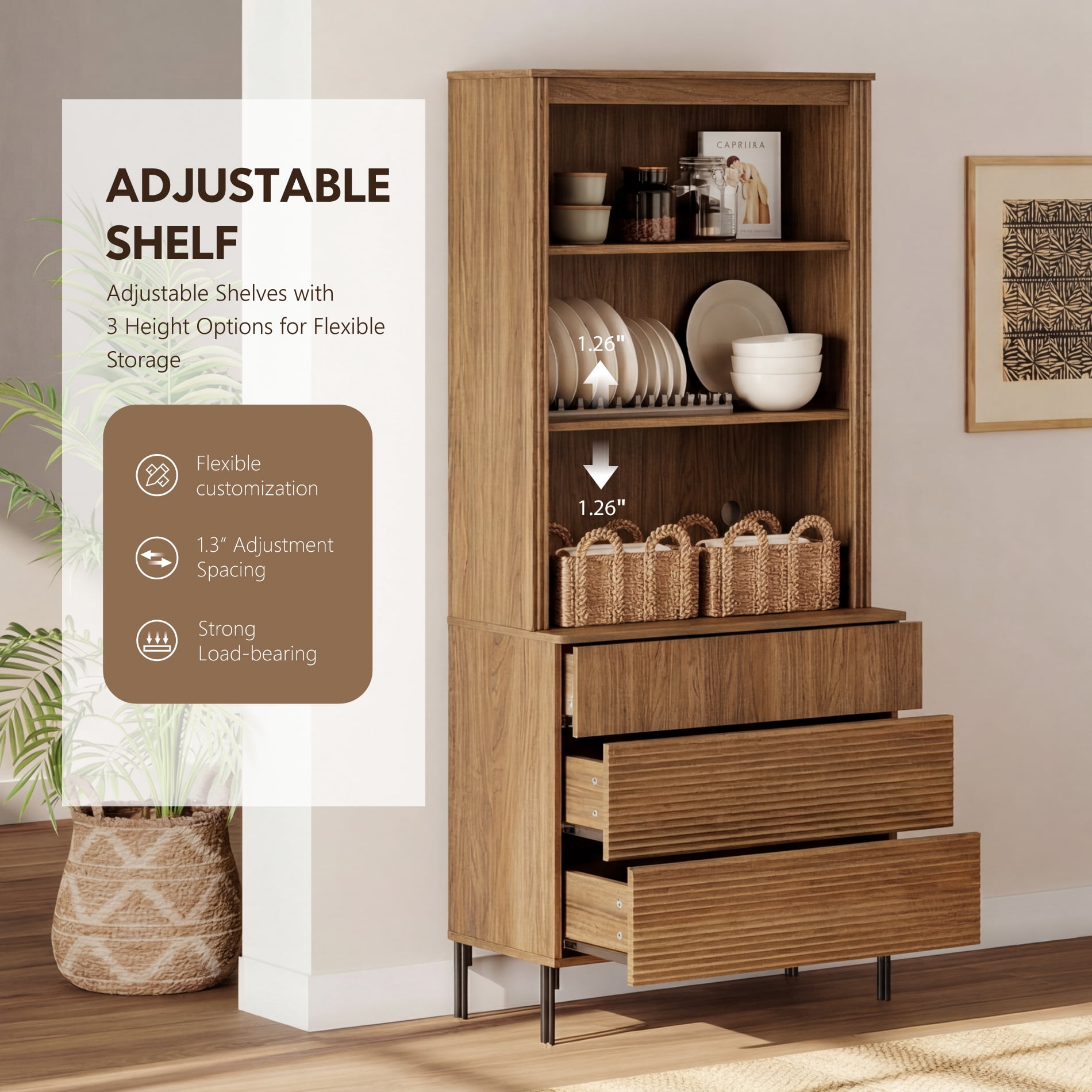 31.5"W Fluted Kitchen Hutch Sideboard with Adjustable Shelves, Wooden Modern Buffet Hutch Cabinet with 3 Drawers And 3 Tier Shelves