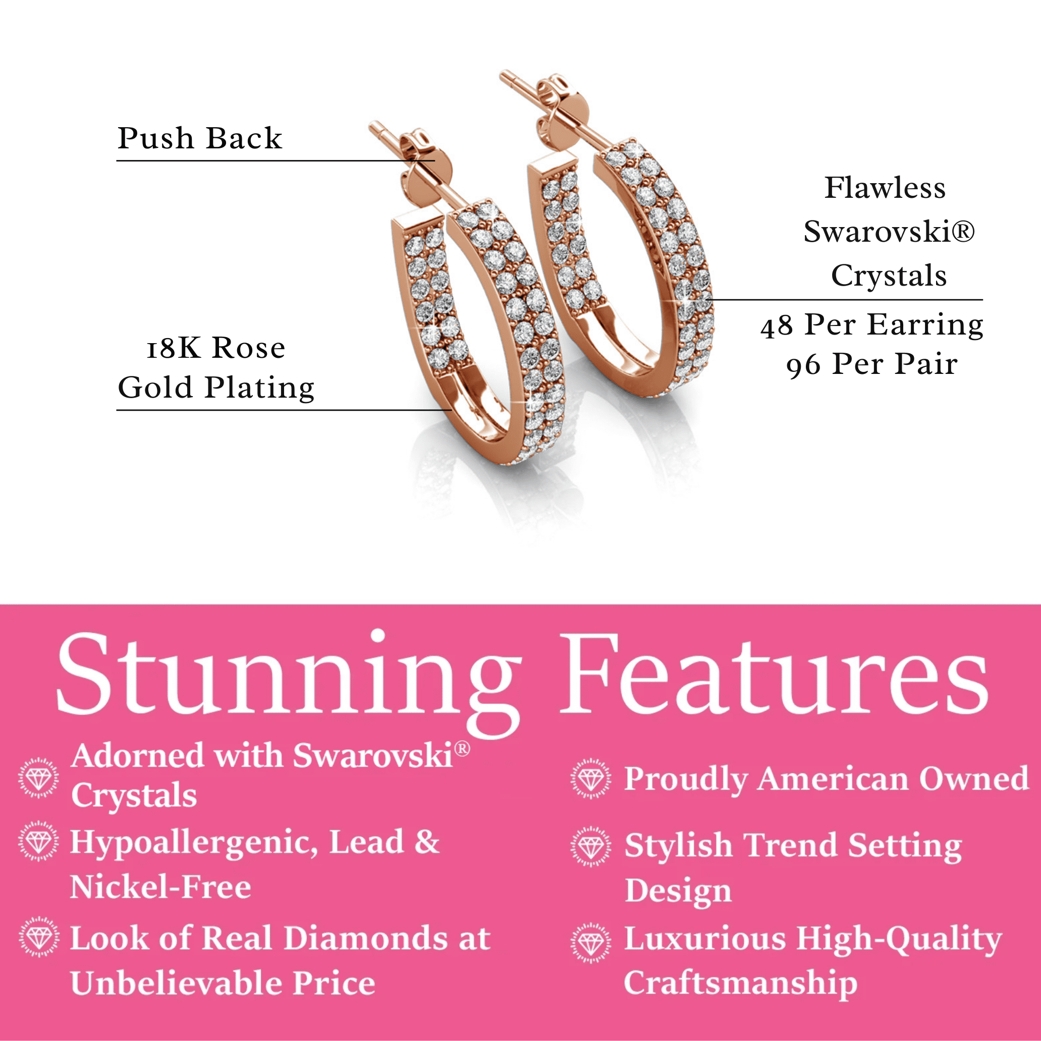 Cate & Chloe Grace 18k Rose Gold Plated 19mm Hoop Earrings with Swarovski Crystals Gift for Women