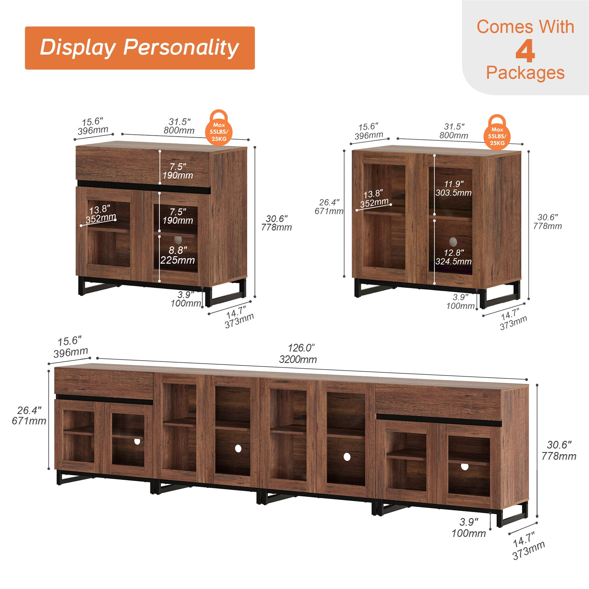 4 In 1 Multifunctional Dresser with Glass Doors & 2 Drawers, Modern Storage Chest with Adjustable Shelf, Closet Organizer Storage Cabinet for Bedroom Home Use,Brown