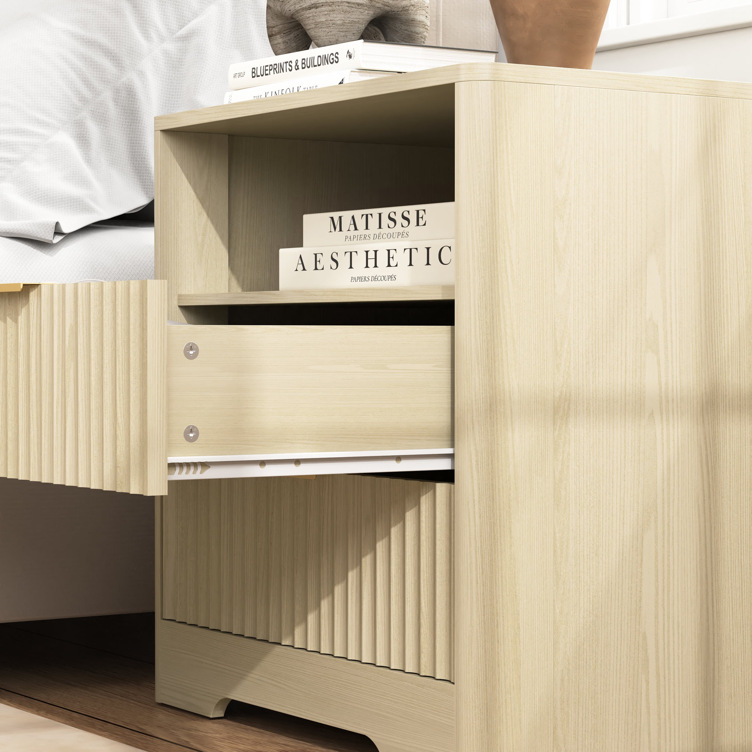 Nightstand with Charging Station, Smart Nightstand with Night Light,Bedside Tables with Storage Cabinet for Bedroom, Wood