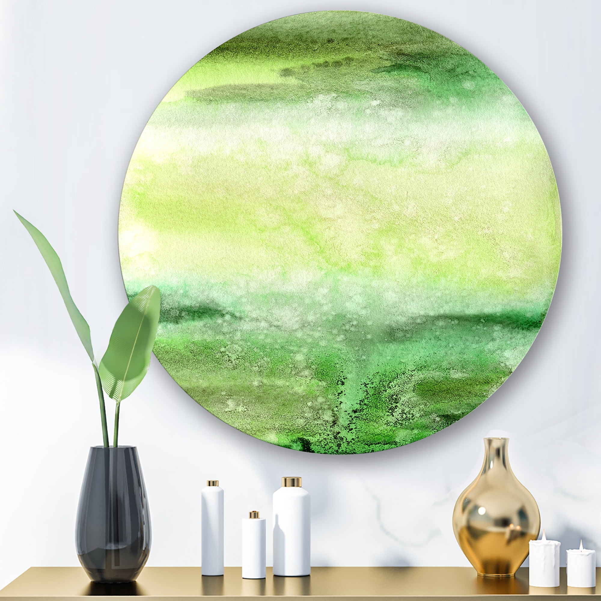 Designart 'Pastel Abstract With Beige and Dark Green & Spots' Modern Circle Metal Wall Art 23x23 - Disc of 23