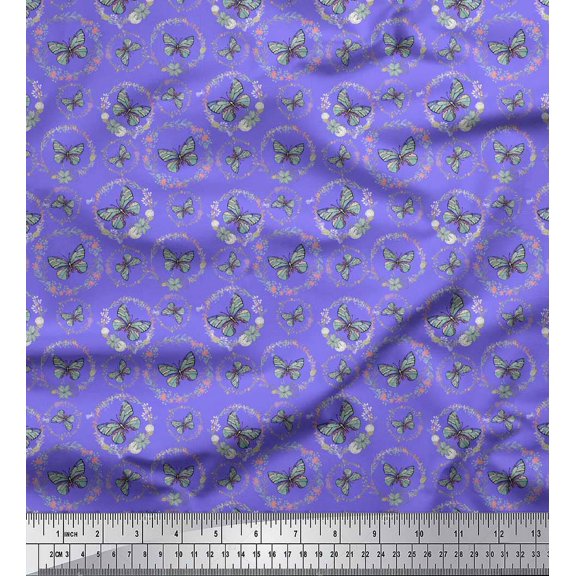Soimoi Purple Viscose Chiffon Fabric Wreath & Butterfly Print Fabric by the Yard 42 Inch Wide