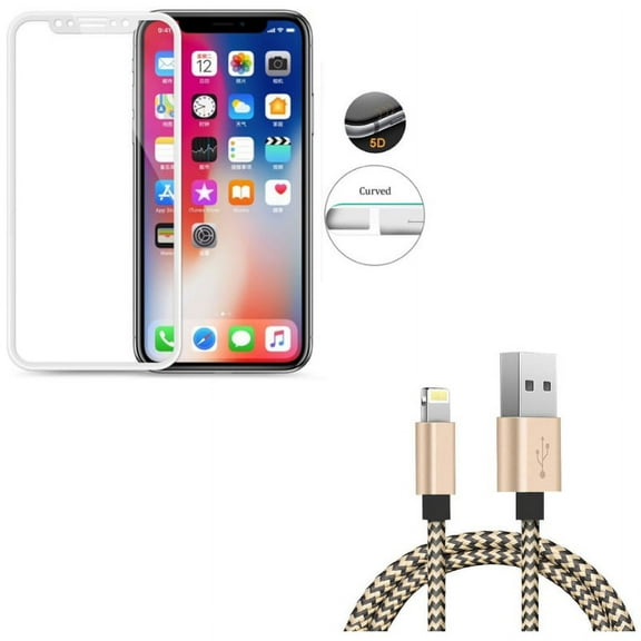 iPhone XS/X - 3ft USB Cable w Tempered Glass Screen Protector - Charger Cord Power Wire Sync Braided, 5D Touch Curved Edge Full Cover Bubble Free Case Friendly 9H Hardness