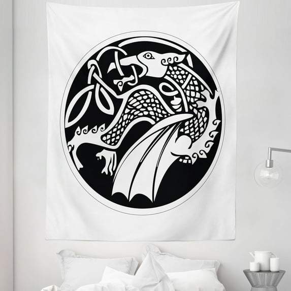 Celtic Tapestry, Astronomical Druidic of a Mythical Dragon in Round Shape Form Background, Fabric Wall Hanging Decor for Bedroom Living Room Dorm, 5 Sizes, Black and White, by Ambesonne