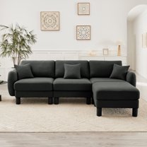 Newest Boucle Fabric Convertible L Shape Sectional 3-seater Sofa Couch,Distinctive Shell-shaped Armrests,Removable Ottoman,Cylindrical Legs Wrapped,Self-fabric,Dark Grey Color