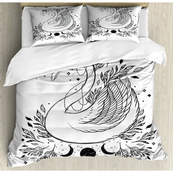 Swan Duvet Cover Set King Size, Mystic Art Leafy and Moon Ornamental Bird in Outline Style Print, Decorative 3 Piece Bedding Set with 2 Pillow Shams, Charcoal Grey and White, by Ambesonne