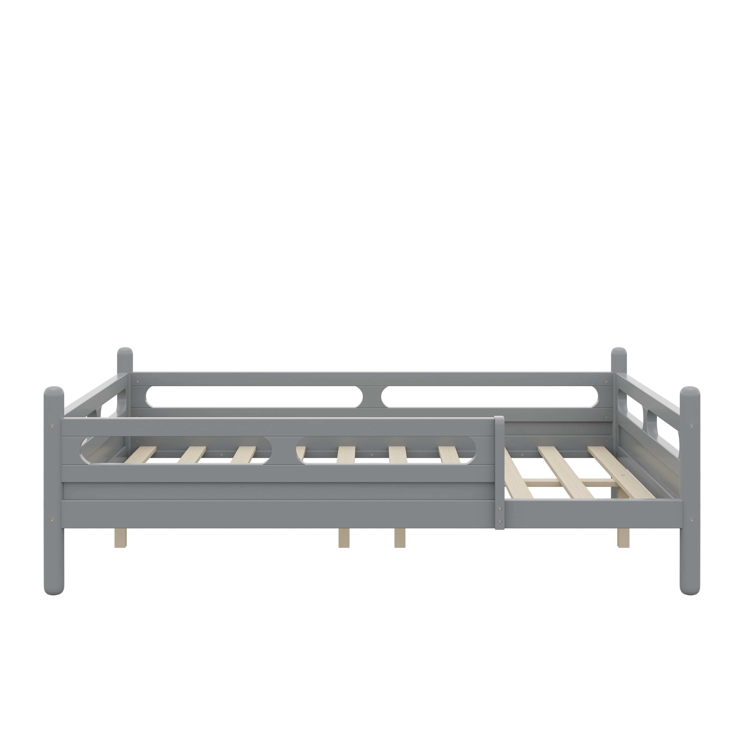 Euroco Wood Full Size Platform Bed, Low Profile Bed with Guardrails and Slats Support, Grey