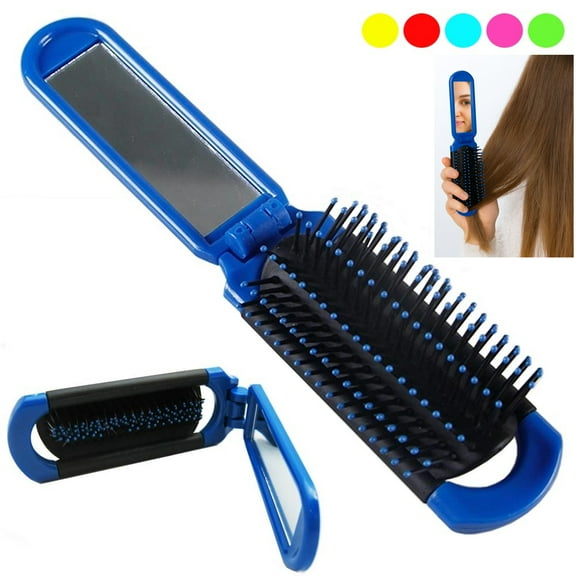 Folding Hair Brush Mirror Mini Comb Compact Pocket Size Travel Car Gym Purse Bag