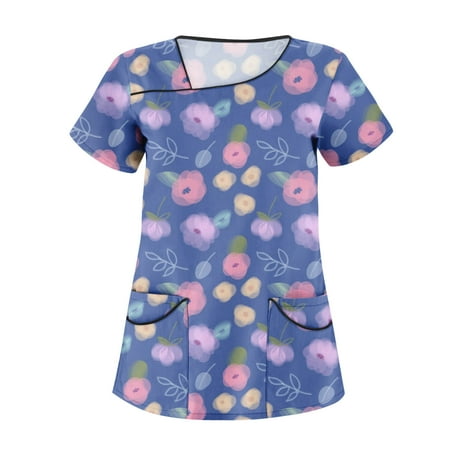 

Yubatuo Independence Day Women Plus Size Scrubs Top with Pockets V-Neck Short Sleeve Printed Work Blouse for Women Purple M