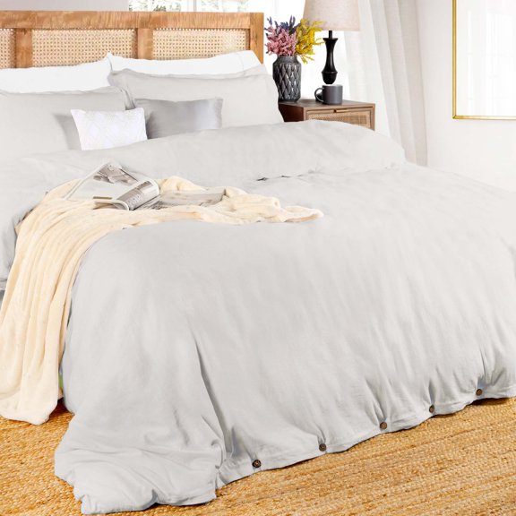 BNM Cotton Linen Blend Duvet Cover Set, Full/ Queen, Silver