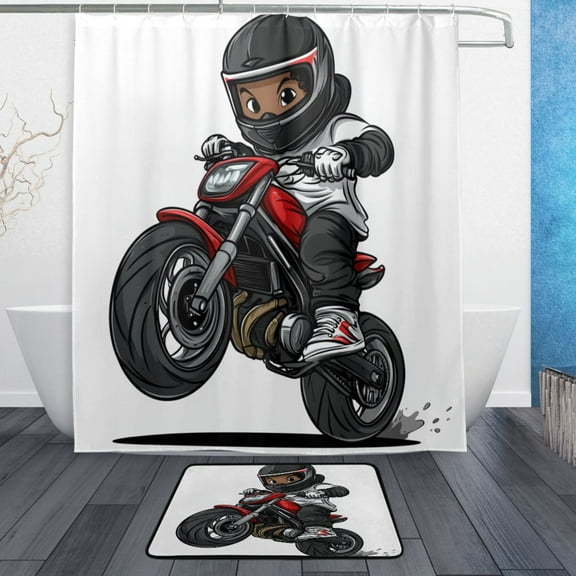 Bath Curtain & Non-Slip Bath Mat Set 12-Grommet Shower Curtain Memory Foam Bath Rug A Red and Black Motorcycle