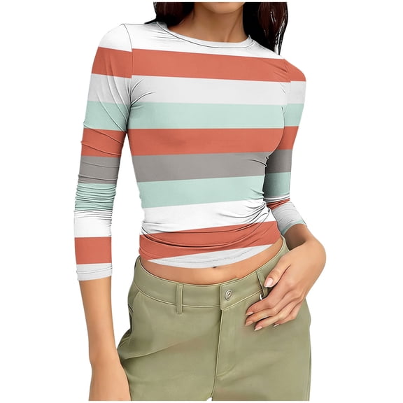 LIaqionyy Womens 3/4 Sleeve Crop Tops Slim Shirts Spring Fashion Outfits Thermal Undershirts Clothes