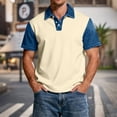 thumbnail image 2 of Blekii Men's Denim Patchwork Short Sleeve Polo Shirt Slim Fit Casual Button down Beige L, 2 of 7