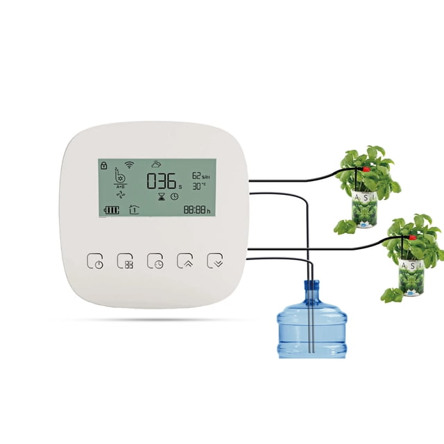 Dispositivo de riego Sistema de riego automático Dispositivo de riego inteligente Sistema de bomba dual WiFi / Voz / Control manual Tiempo de riego programable Batería incorporada Carga USB Compatible