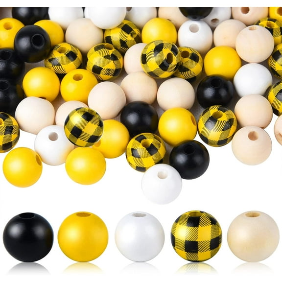 100 Pcs Bee Craft Wood Beads, 16mm Plaid Wood Beads, Spring Summer Wood Beads, Yellow Farmhouse Beads, for Fall Thanksgiving DIY Craft Supplies and Decoration Home