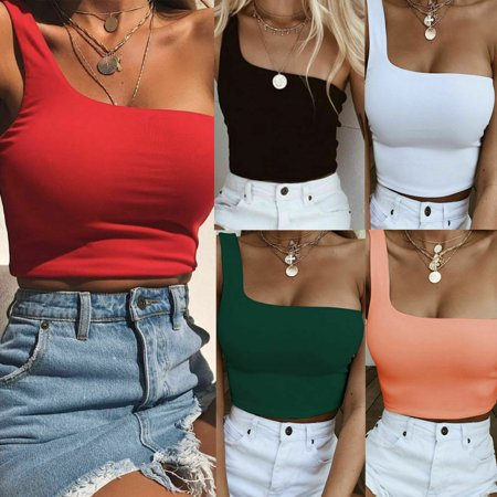 Women Lady Female One Shoulder Crop Tops Sleeveless T-Shirt Tank Tops Summer Beach Vest Bare Midriff Summer Fashion (Best Female Fashion Designers)