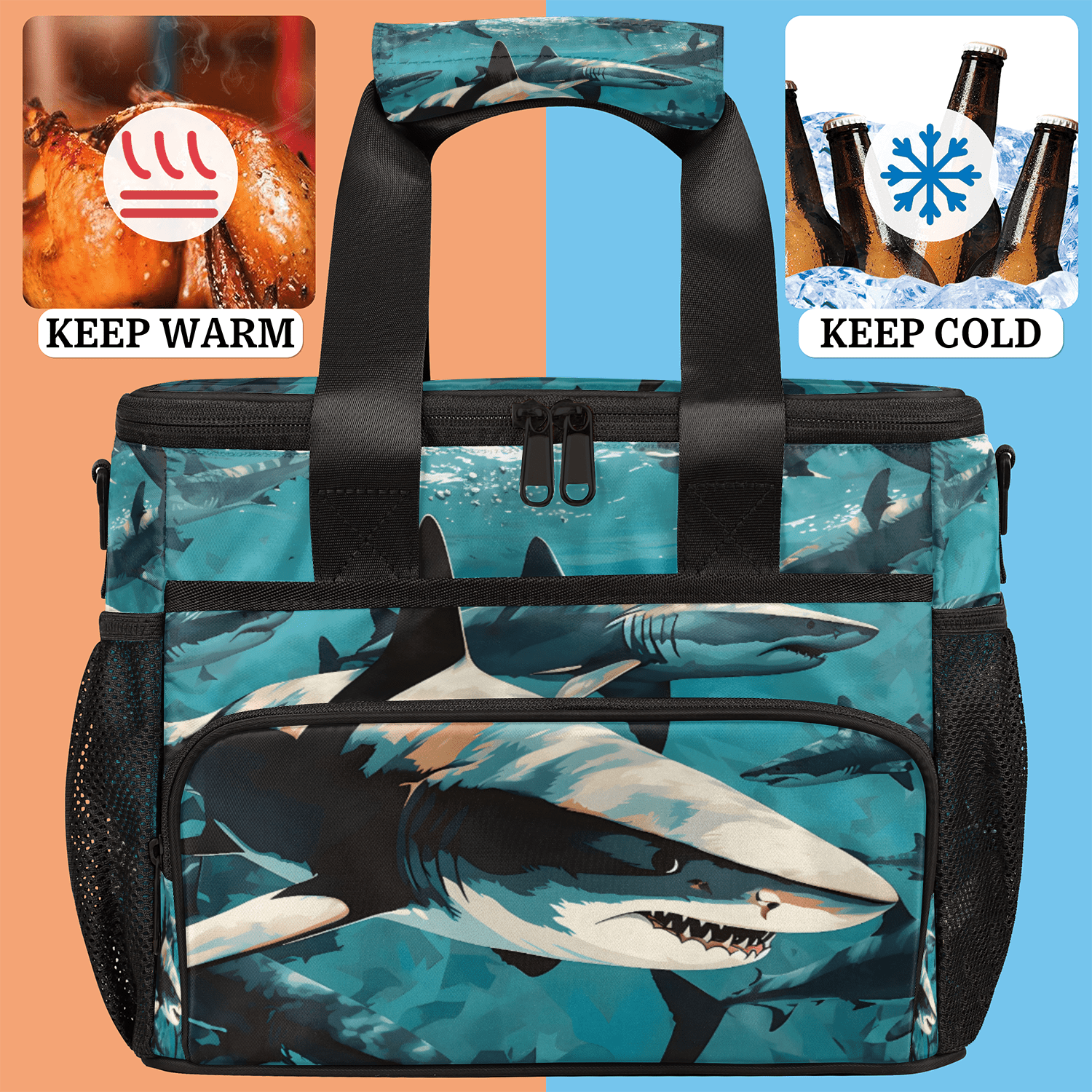 Herdesigns Shark Fish Large Lunch Box for Adults Women Men with Adjustable Shoulder Strap, Insulated Reusable Lunch Bag Leakproof Cooler Tote Bag