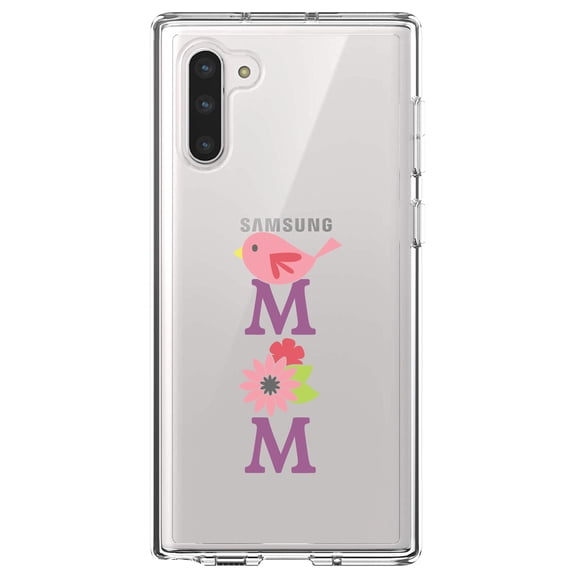 DistinctInk Clear Shockproof Hybrid Case for Samsung Galaxy Note 10 (6.3" Screen) - TPU Bumper Acrylic Back Tempered Glass Screen Protector - Mom - Pink Bird & Flowers