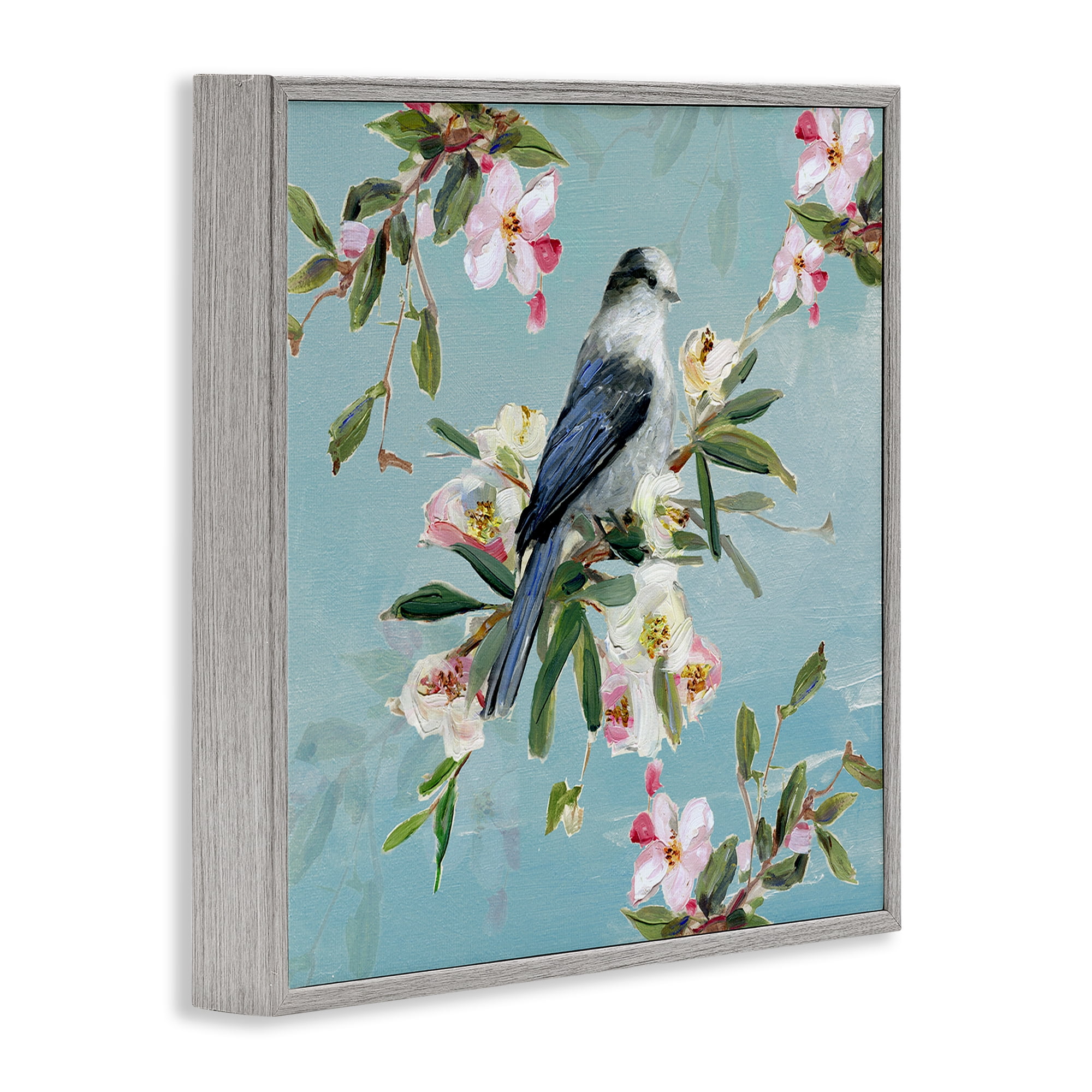 Stupell Industries Pastel Songbird Among Blossoms Gray Framed Giclee Art, design by Sally Swatland